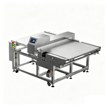 Heavy-duty ultra wide conveyor metal detector processing pallet-sized food products in industrial setting