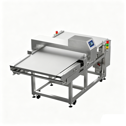 Ultra wide conveyor metal detector scanning bulk food products across a broad belt span